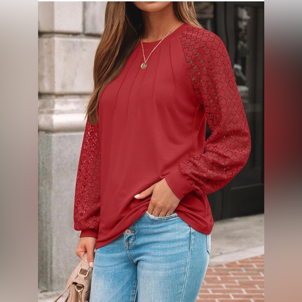 Elegant Red Lace Sleeve Top Large - Picture 3 of 6